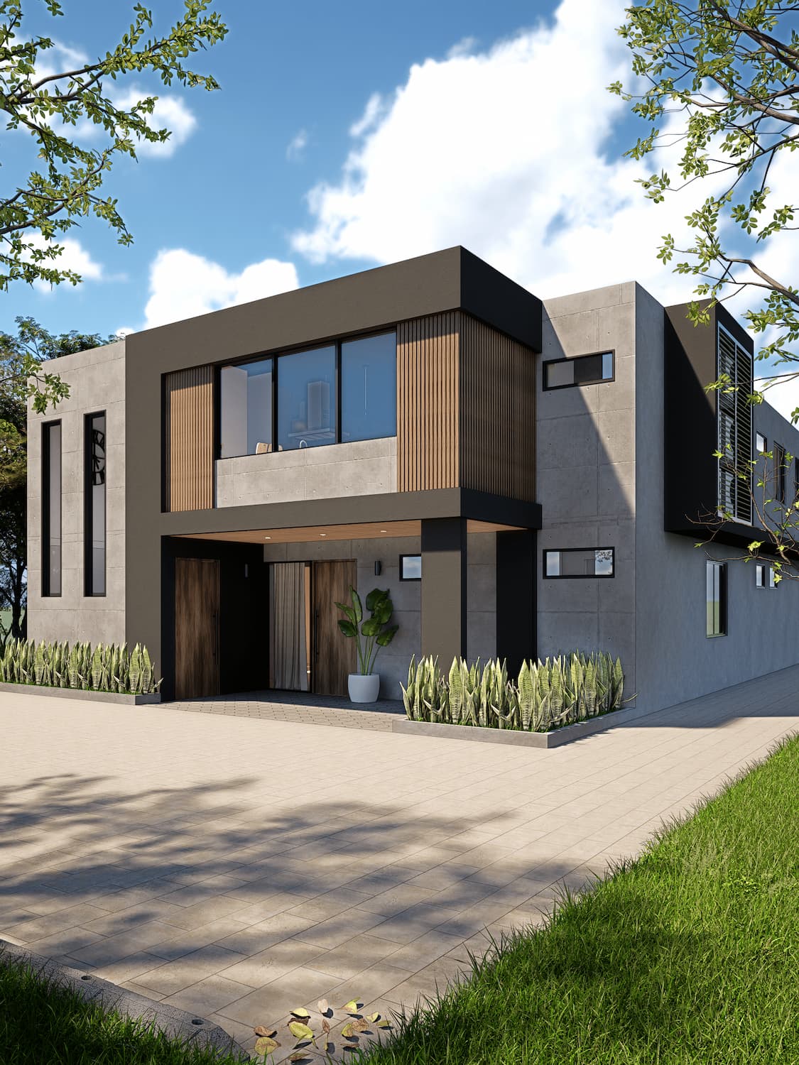 Fachada de residencia contemporánea de dos niveles en concreto y madera – diseño arquitectónico residencial